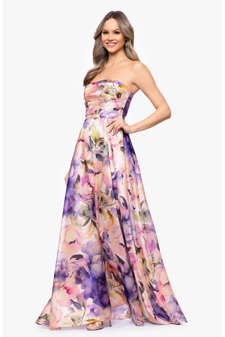 Floral Strapless Organza Gown, Alternate, color, BLUSH/ MULTI