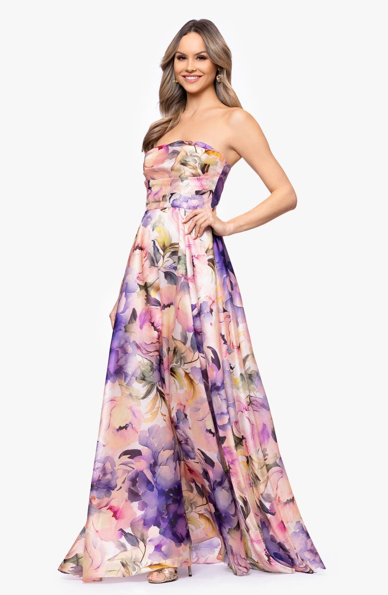 Betsy & Adam Floral Strapless Organza Gown, Alternate, color, Blush/ Multi