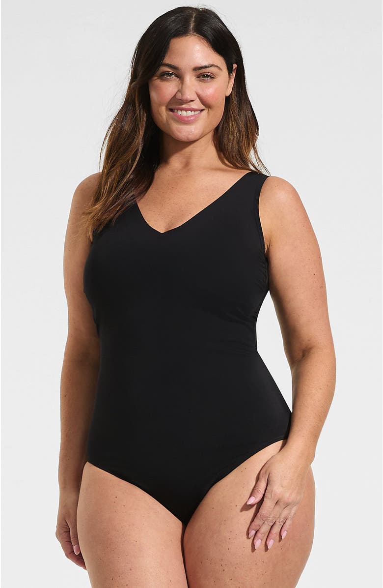 Lands' End Plus Size Tugless V-Neck High Leg One Piece Swimsuit, Main, color, Black