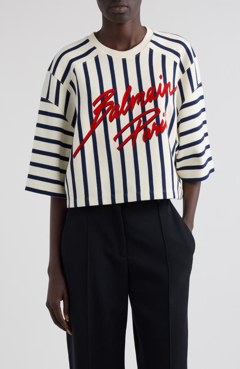 Balmain Baseball Stripe Crop Sweater, Main, color, 