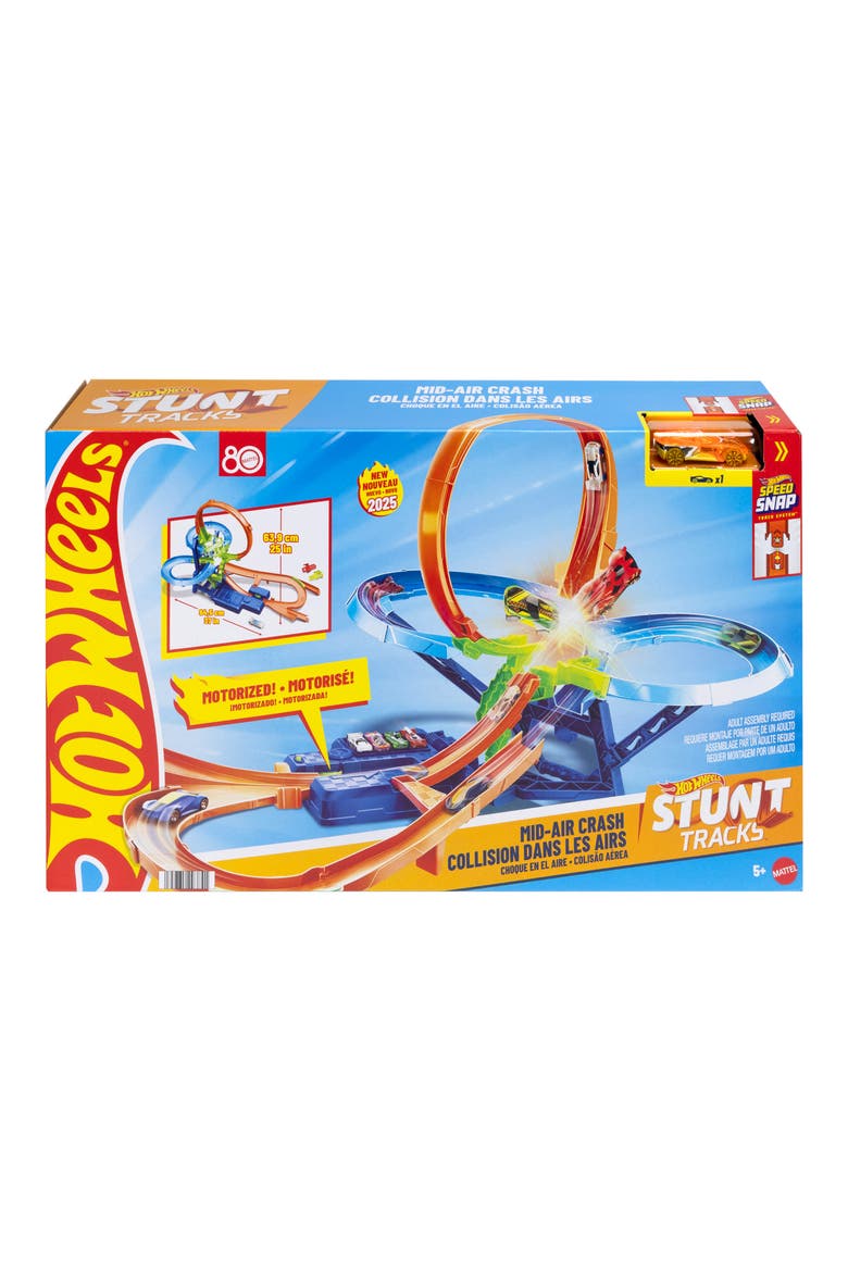 Stunt Tracks Mid-Air Crash Playset with 1:64 Scale Die-Cast Toy Car & Motorized Booster, Main, color, ORANGE
