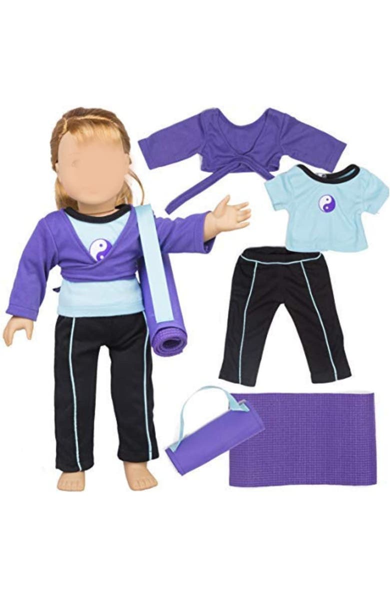 Dress Along Dolly Yoga Gymnastics Doll Outfit (5 Piece Set) - Clothes Costume Fits American 18" Dolls, Alternate, color, Purple