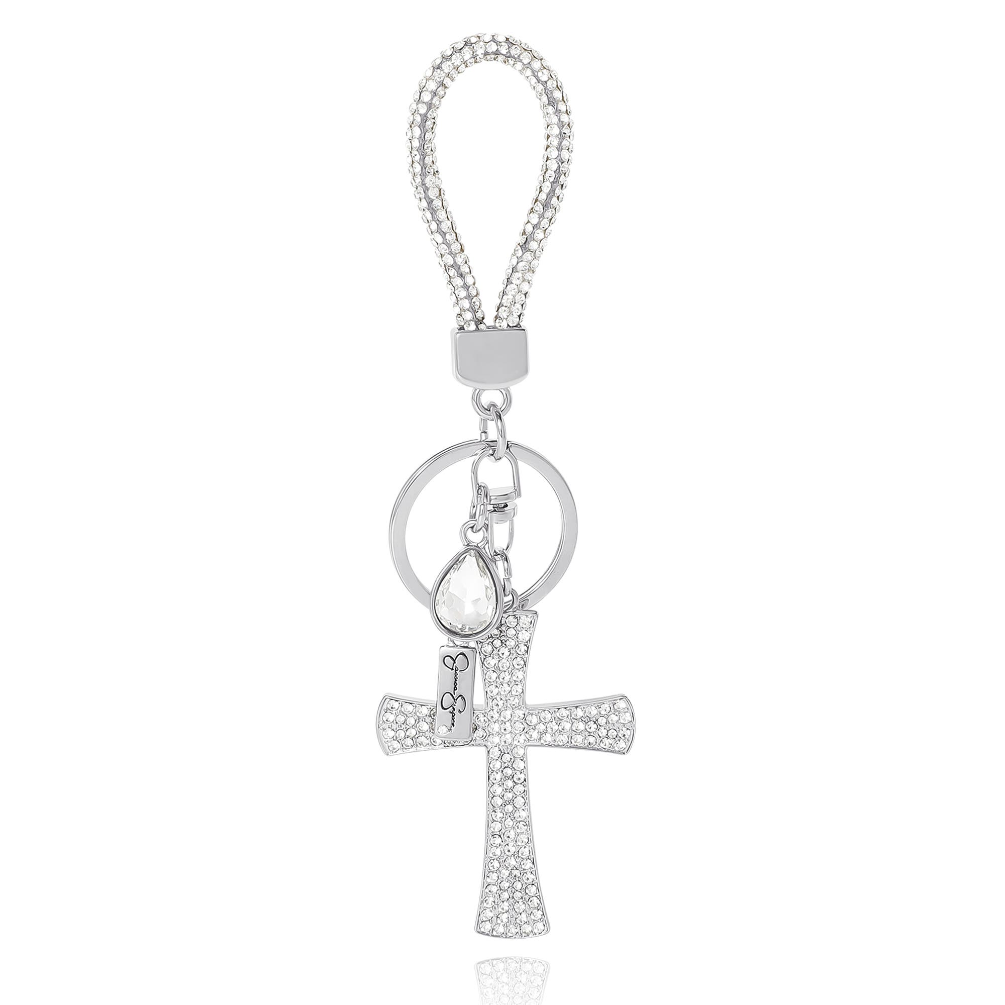 Jessica Simpson Elegant Rhinestone Cross Keychain, Main, color, Silver