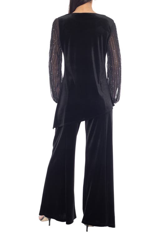 Marina Velvet Embellished Sleeve Top & Flare Pants Set In Black