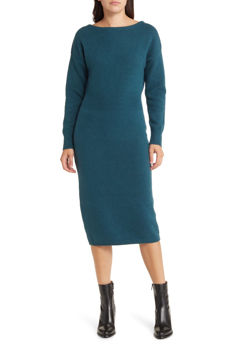 Long Sleeve Midi Sweater Dress, Main, color, TEAL ABYSS