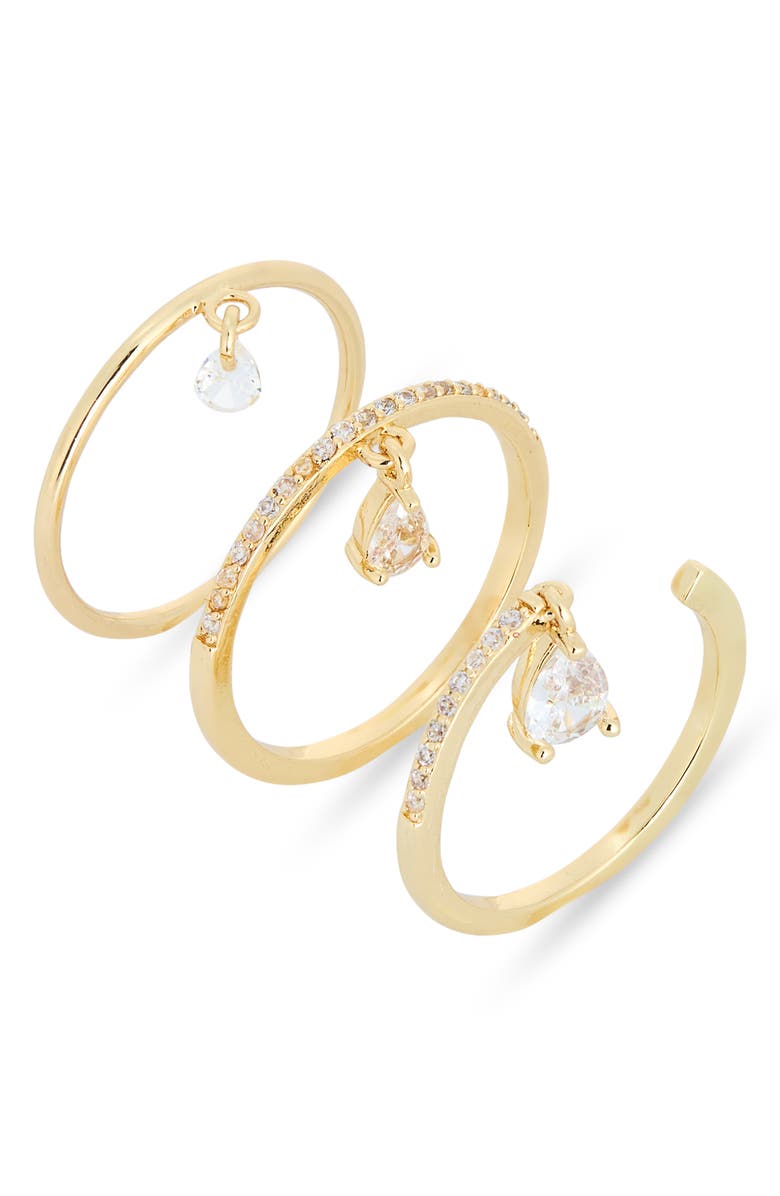 NORDSTROM RACK Set of 3 Cubic Zirconia Charm Stackable Rings, Main, color, Clear- Gold