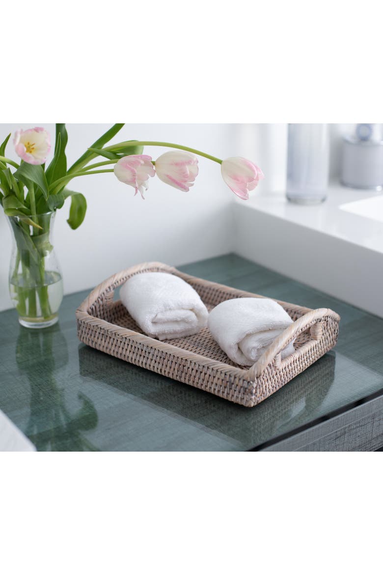 Rectangular Rattan Vanity Tray with High Handles, Alternate, color, White Wash