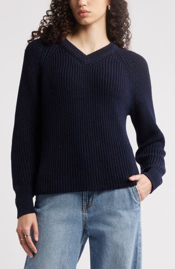 Nordstrom Cotton V-neck Sweater In Blue