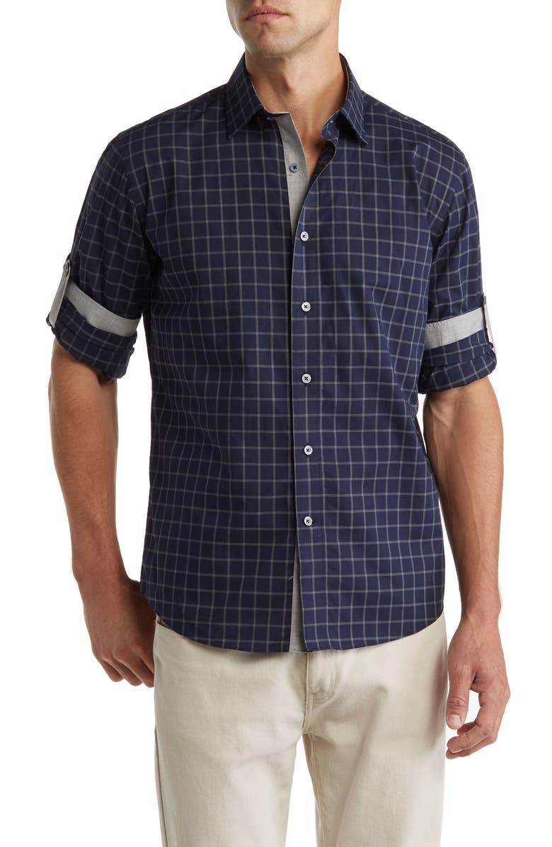Lorenzo Uomo Trim Fit Windowpane Cotton Dress Shirt, Main, color, Indigo/ Grey