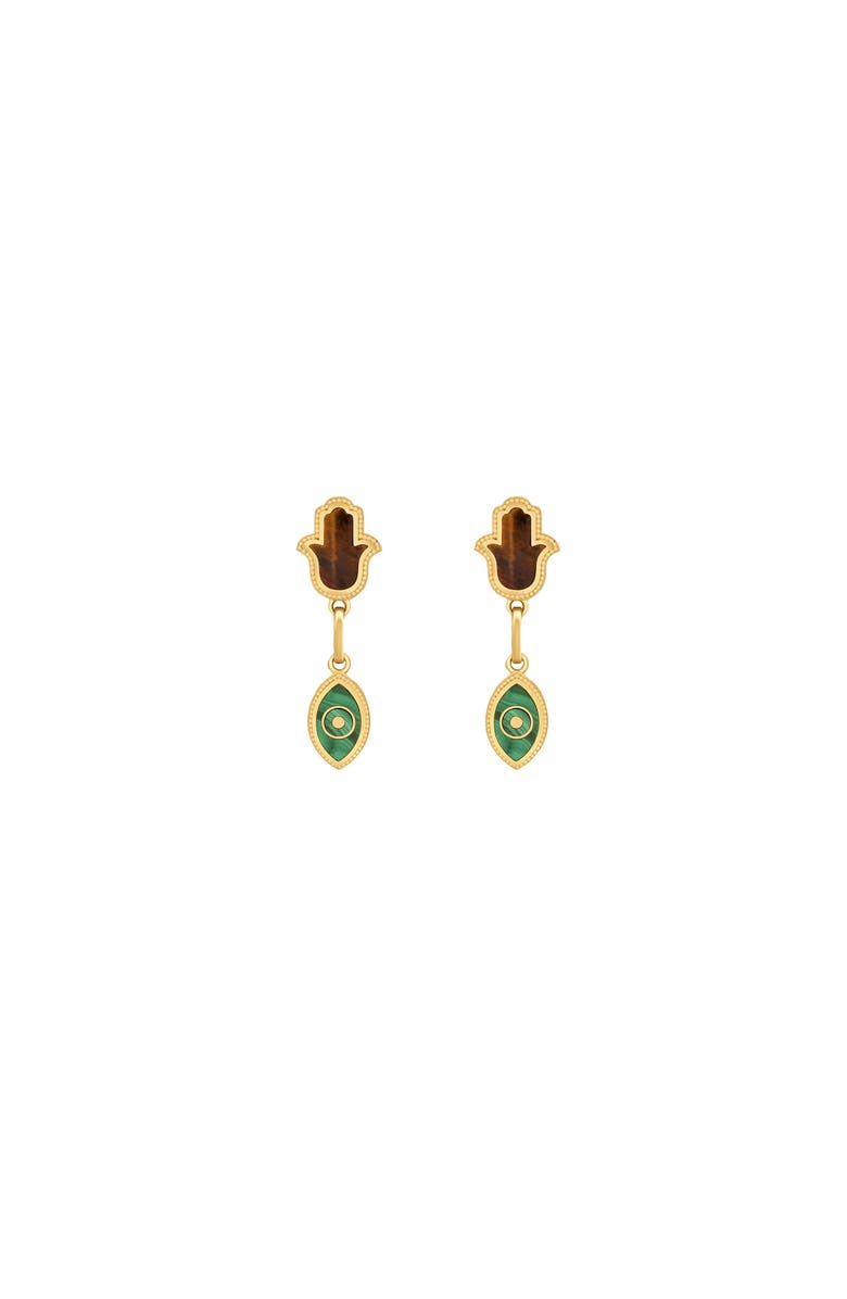 Karma and Luck Dreams Secured Tiger Eye Malachite Hamsa Evil Eye Earrings, Main, color, Gold/Green/Brown