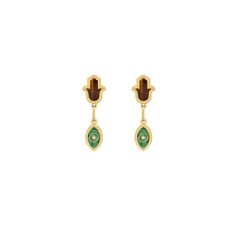Dreams Secured Tiger Eye Malachite Hamsa Evil Eye Earrings