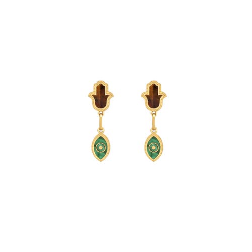 KARMA AND LUCK KARMA AND LUCK DREAMS SECURED TIGER EYE MALACHITE HAMSA EVIL EYE EARRINGS 