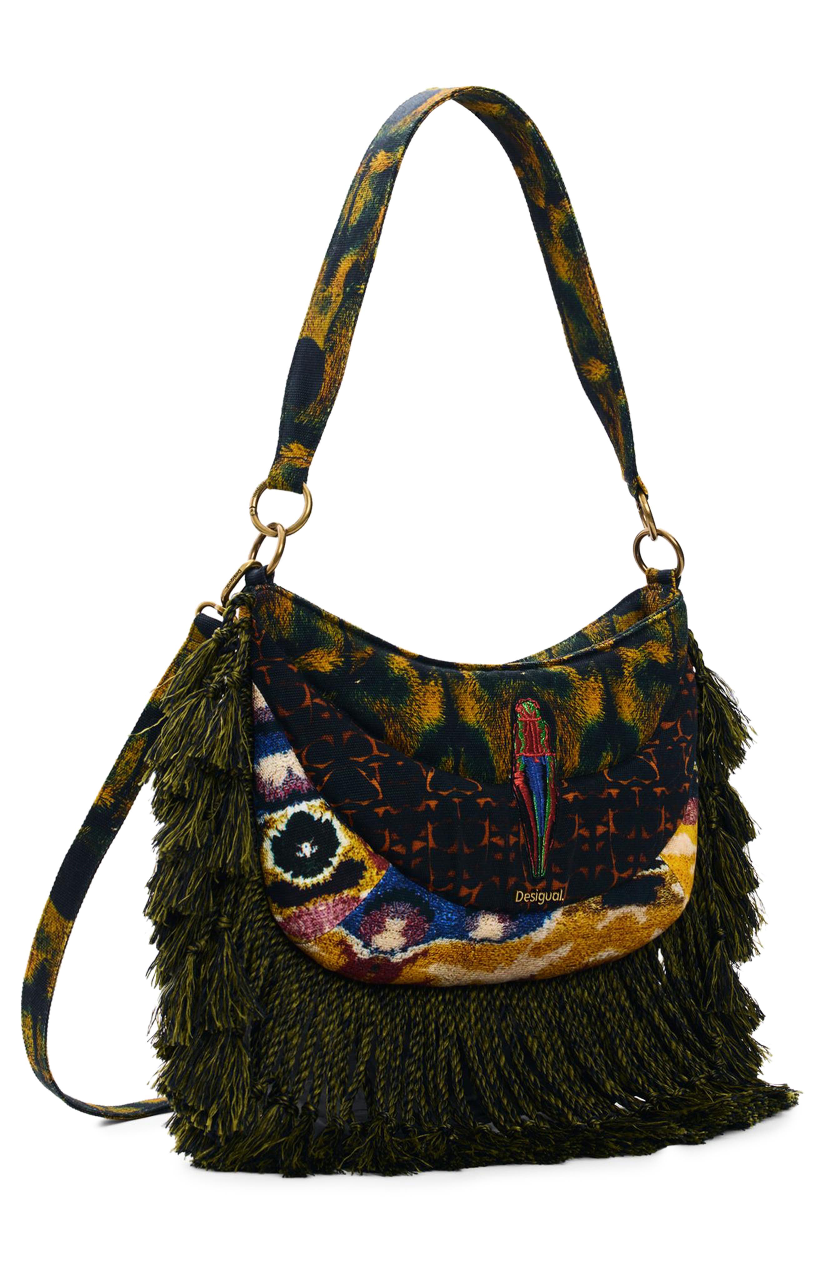 Desigual Fringe Trim Shoulder Bag, Alternate, color, Light Green