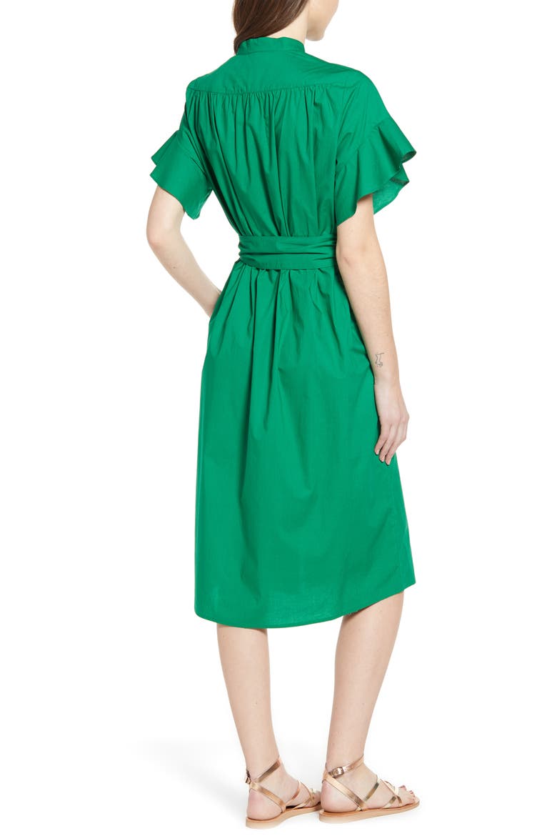 Ruffle Sleeve Tie Front Cotton Dress, Alternate, color, PALM GREEN