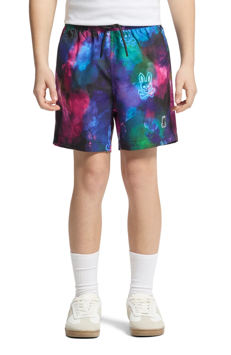 Psycho Bunny Kids' Dokos Print Swim Trunks, Alternate, color, Black