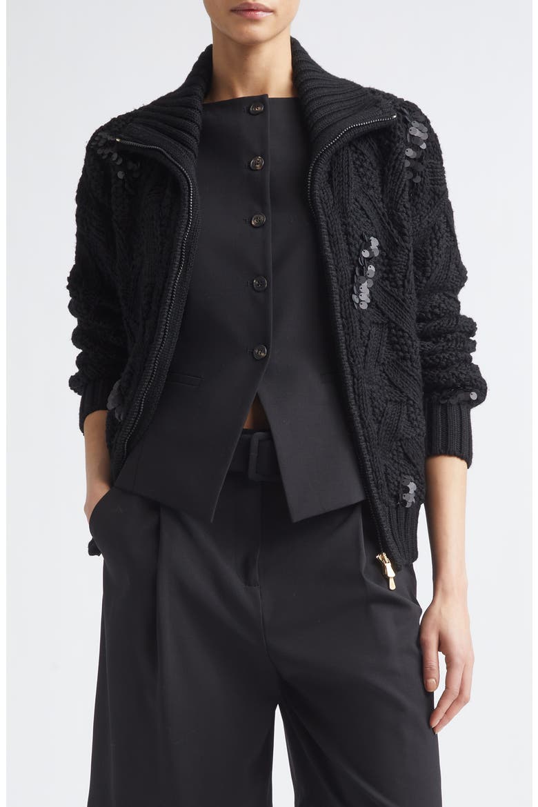 Sequin Embellished Cable Stitch Wool Zip Cardigan, Main, color, 22 BLACK