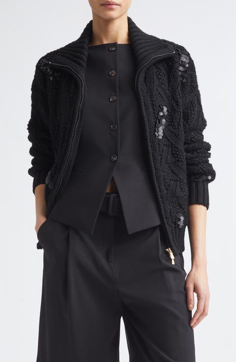 Sequin Embellished Cable Stitch Wool Zip Cardigan