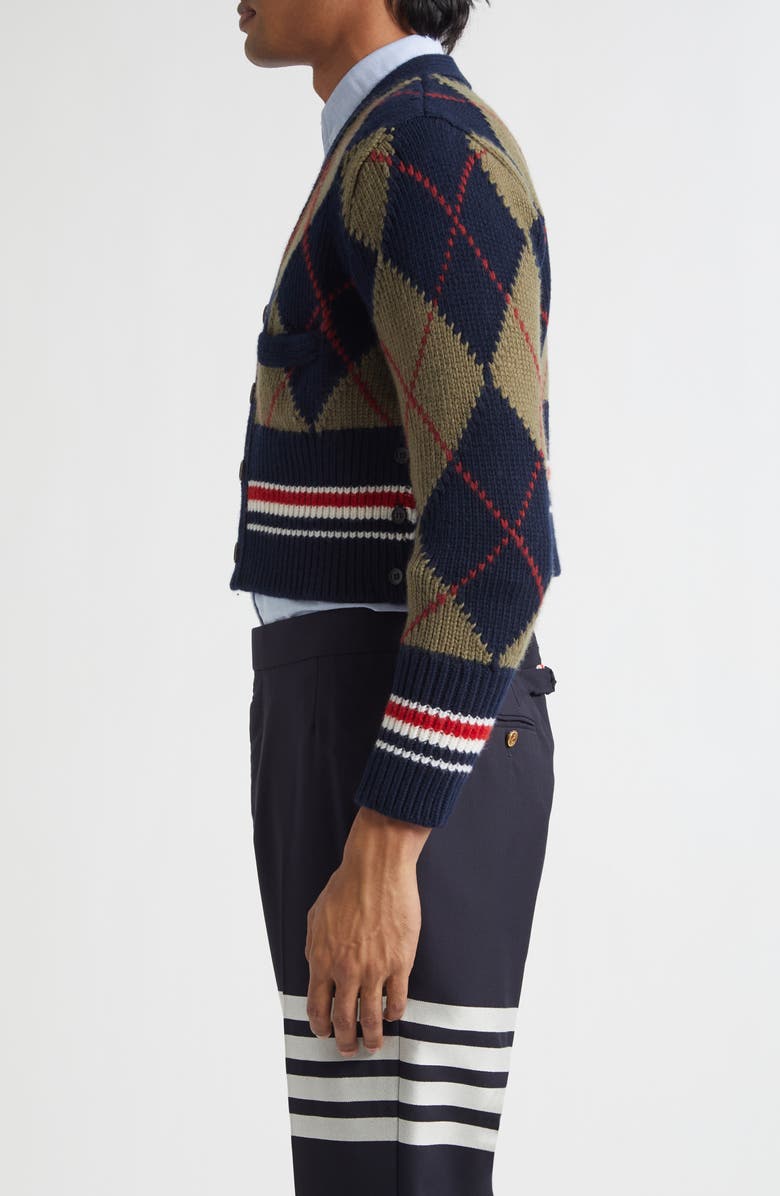 Thom Browne Argyle Intarsia Shrunken Virgin Wool Blend Cardigan, Alternate, color, Navy