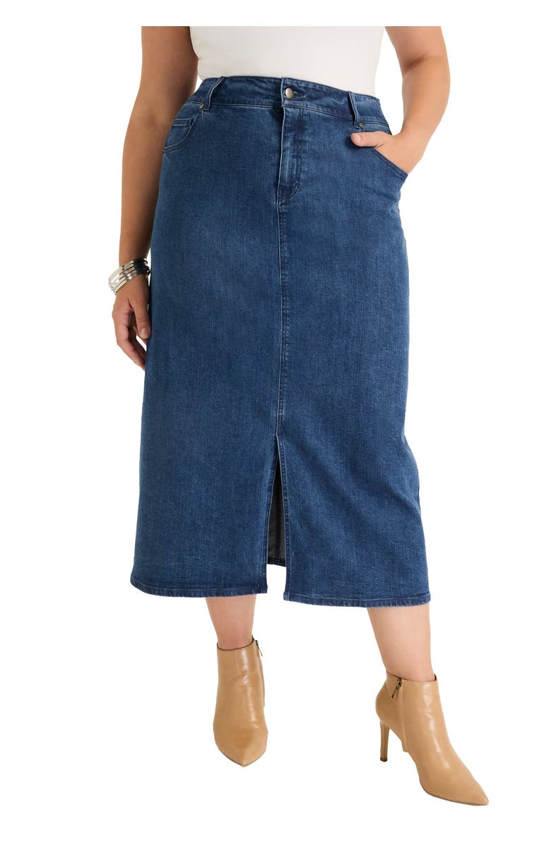 June + Vie Front-Slit Denim Midi Skirt, Main, color, Medium Blue