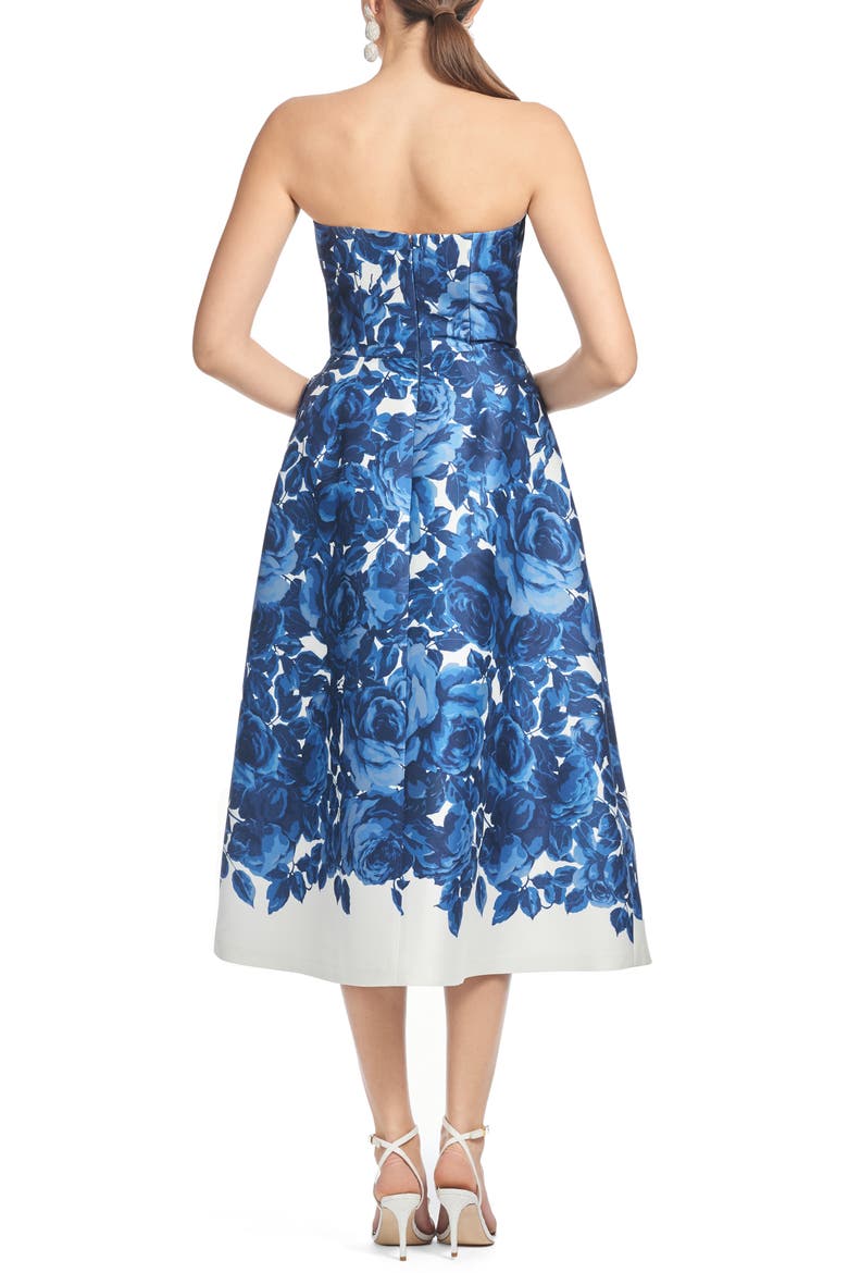 Shay Floral Strapless Stretch Mikado Cocktail Midi Dress, Alternate, color, NOCTURNE ROSES