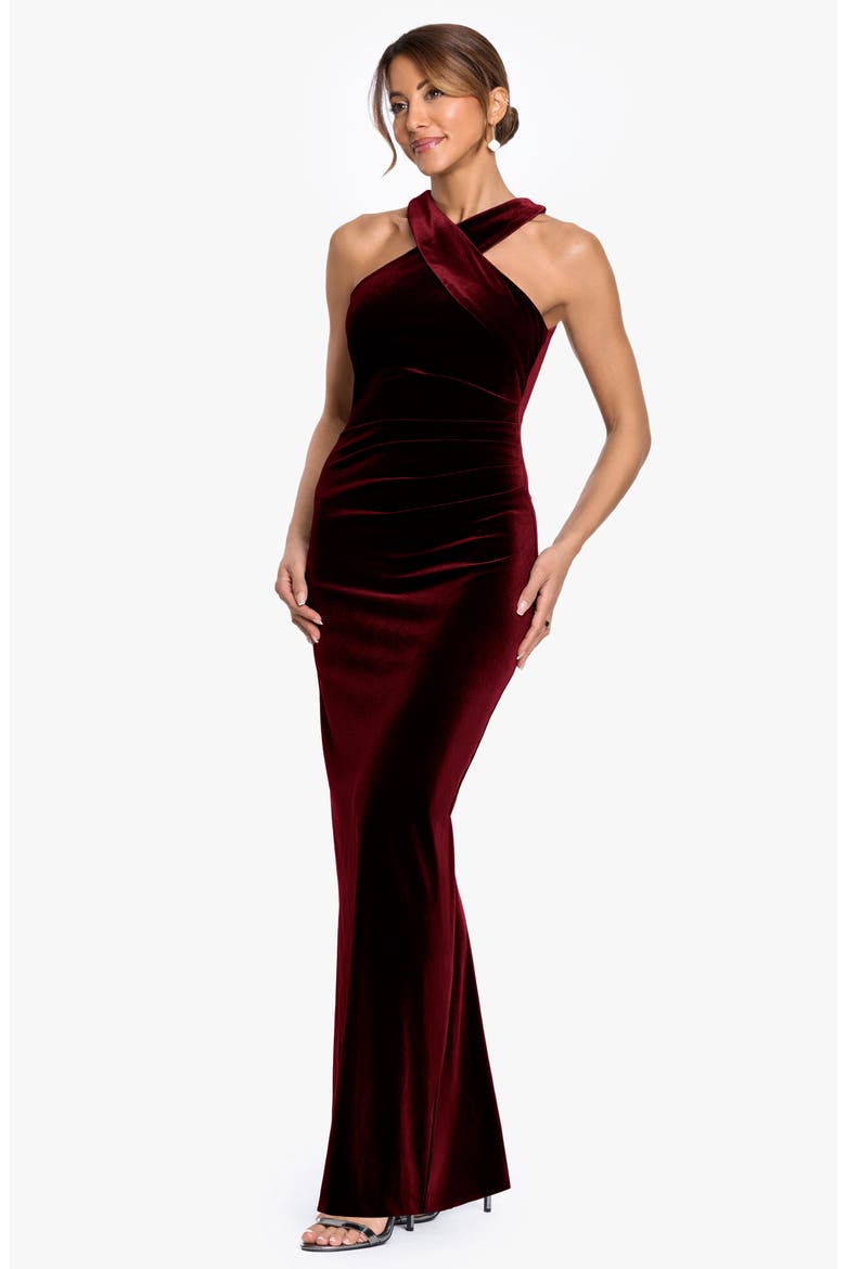 Halter Neck Stretch Velvet Gown, Alternate, color, BURGUNDY