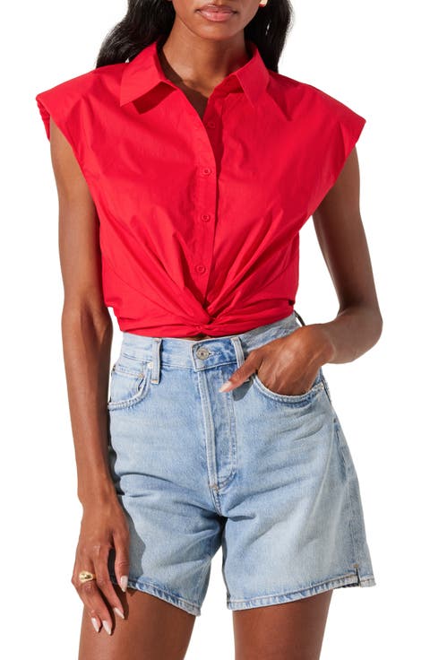 Sleeveless Cotton Twist Front Button-Up Shirt