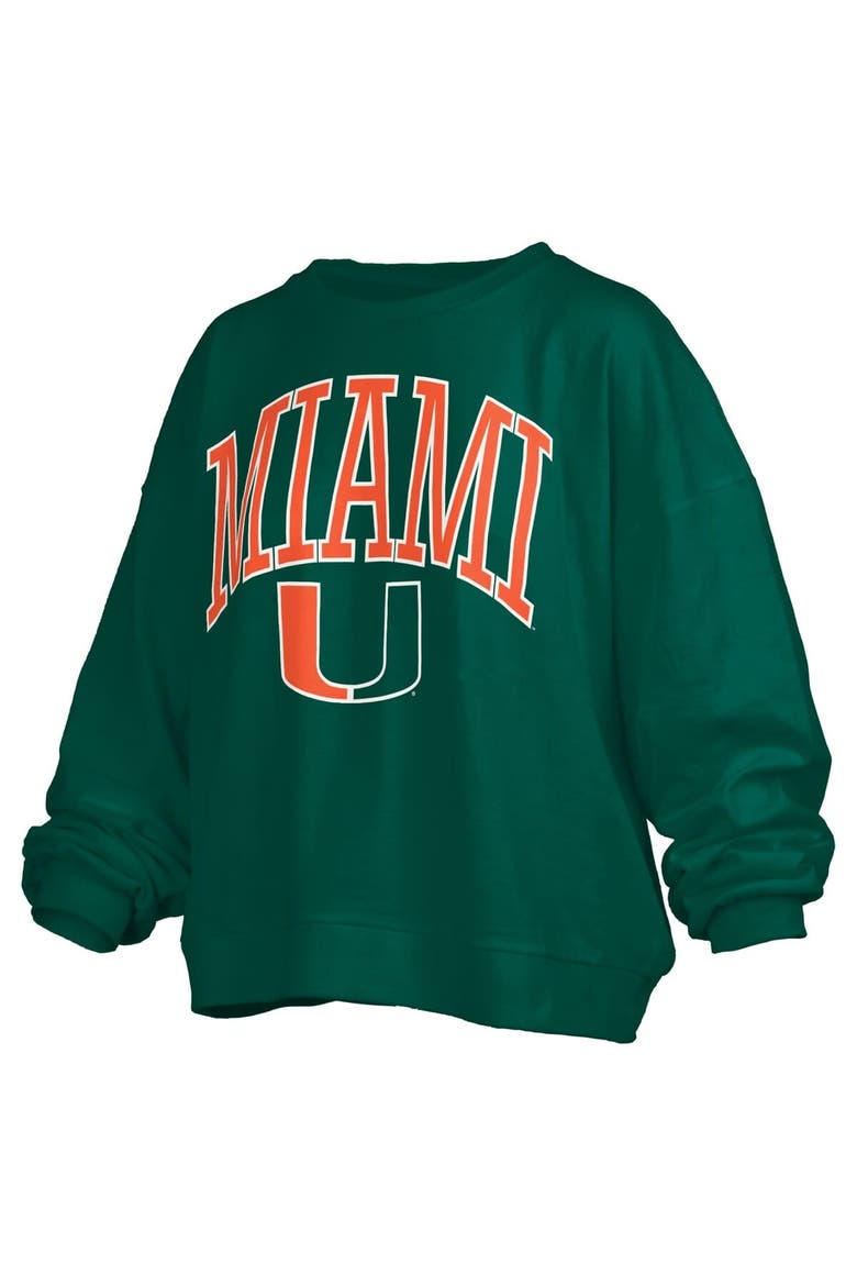 Women's Pressbox Green Miami Hurricanes Janise Arch Over Logo Waist Length Oversized Pullover Sweatshirt, Alternate, color, Green