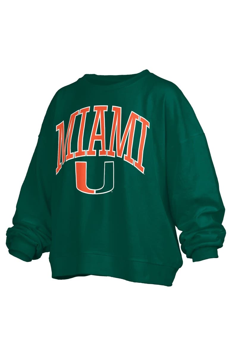 PRESSBOX Women's Pressbox Green Miami Hurricanes Janise Arch Over Logo Waist Length Oversized Pullover Sweatshirt, Alternate, color, Green