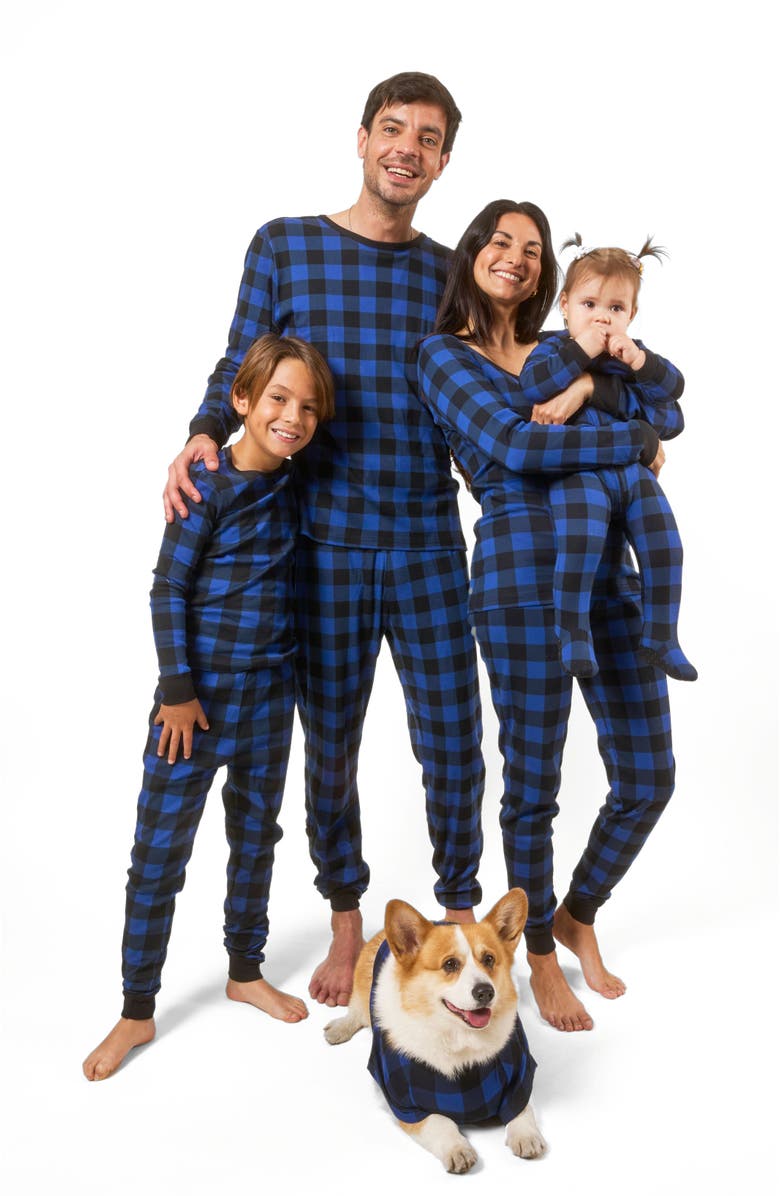 Leveret Kids Footed Plaid Cotton Matching Family Holiday Pajamas, Alternate, color, Plaid Black & Navy