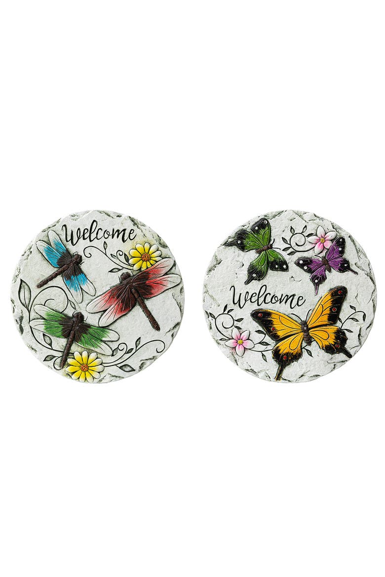 Set of 2 Cement Stepping Stones with Fluttering Butterflies and Dragonflies Pattern, Main, color, White