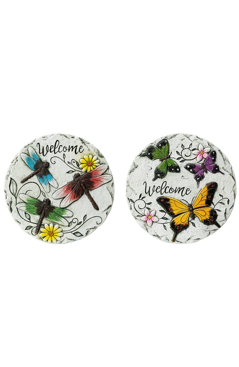 Glitzhome Set of 2 Cement Stepping Stones with Fluttering Butterflies and Dragonflies Pattern, Main, color, White