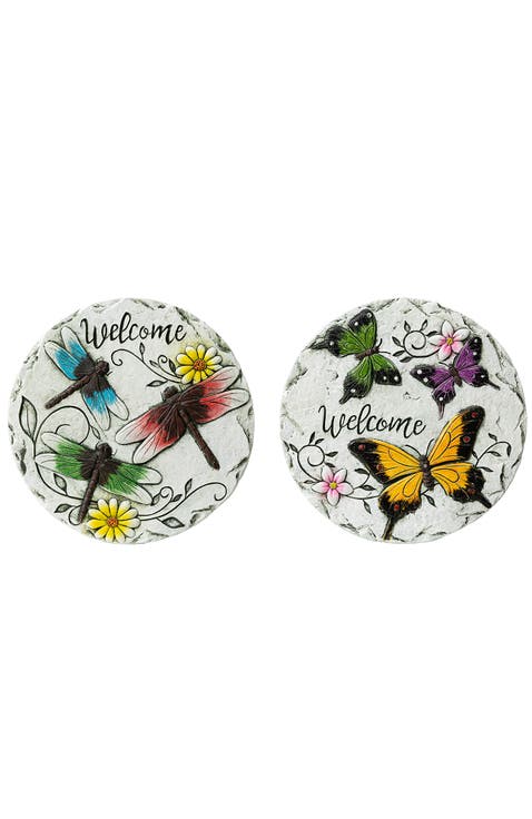 Set of 2 Cement Stepping Stones with Fluttering Butterflies and Dragonflies Pattern