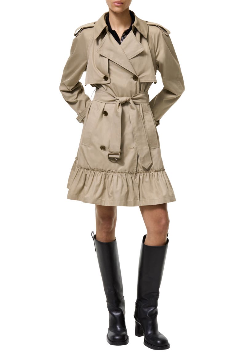 Tillydrine Ruffle Trench Coat, Main, color, SALTMARSH BEIGE