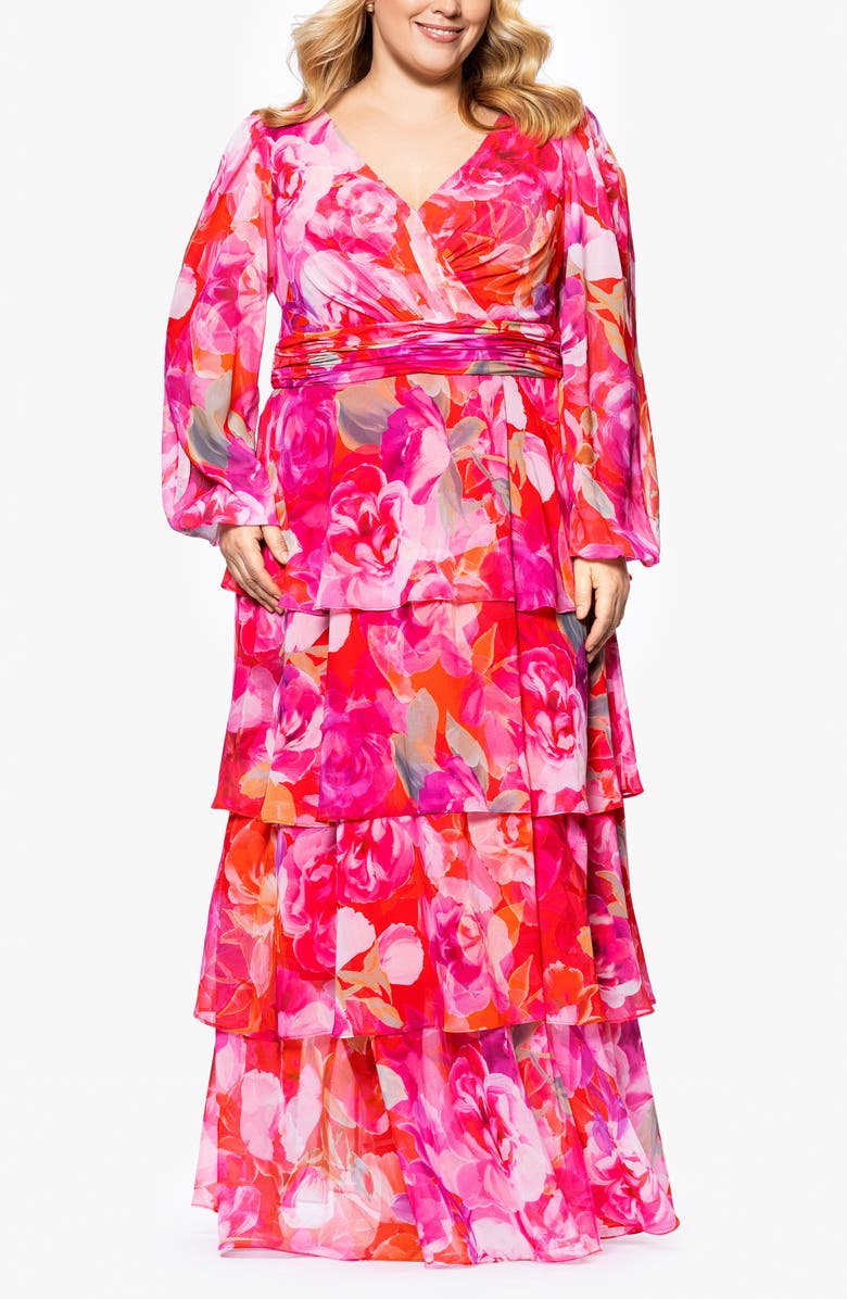 Xscape Evenings Floral Long Sleeve Tiered Ruffle Gown, Main, color,