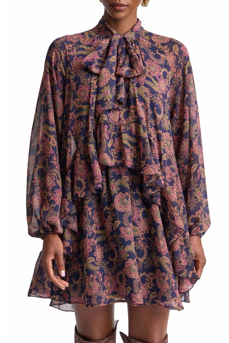 Paisley Print Long Sleeve Chiffon Tie Neck Dress, Alternate, color, NAVY PAISLEY GARDEN