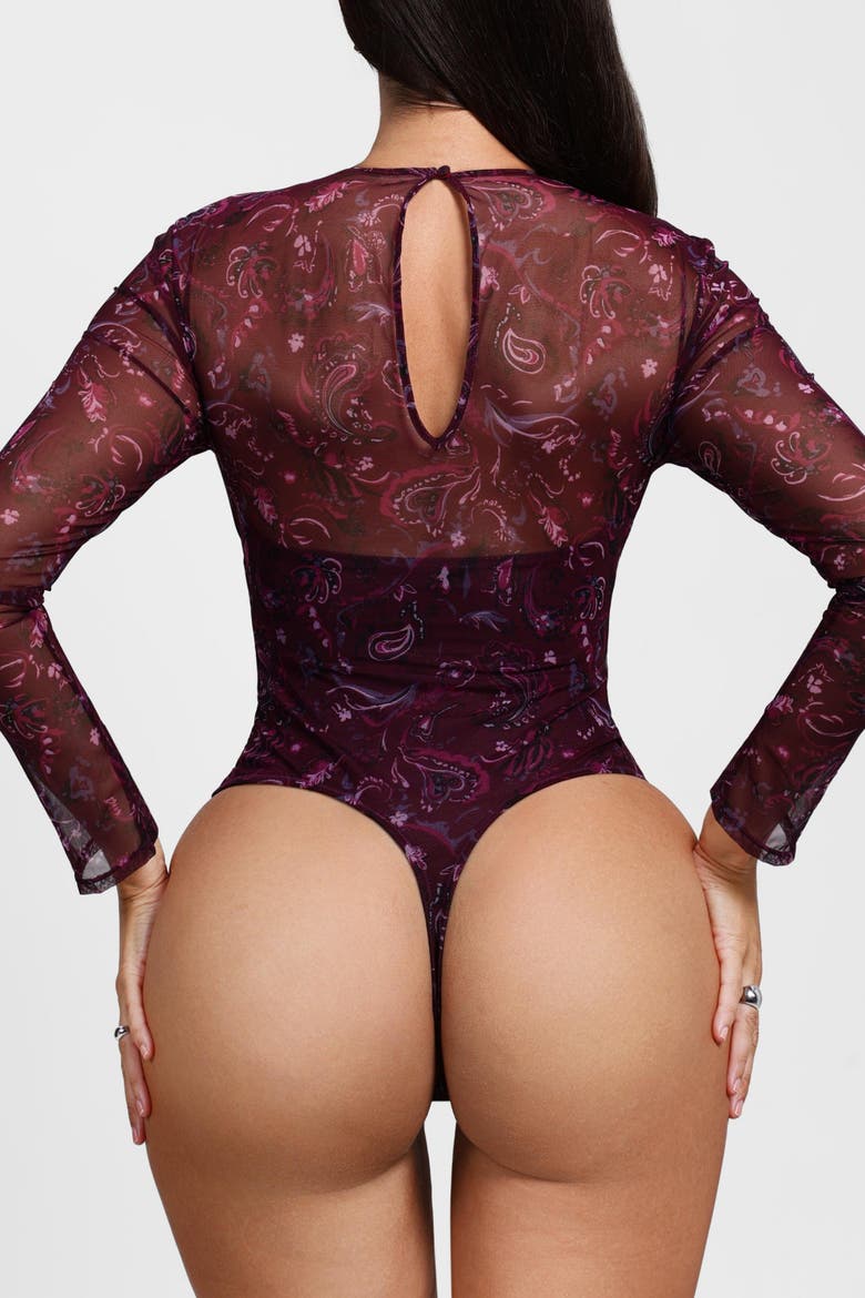 All-in-One Paisley Mesh Long Sleeve Built-In Shapewear Bodysuit, Alternate, color, Burgundy