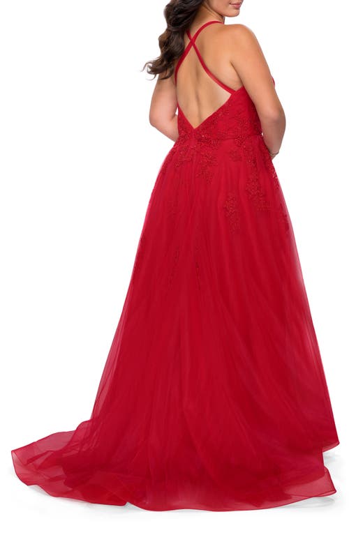 La Femme Plus Size A-line Tulle Dress With Floral Detailing In Red