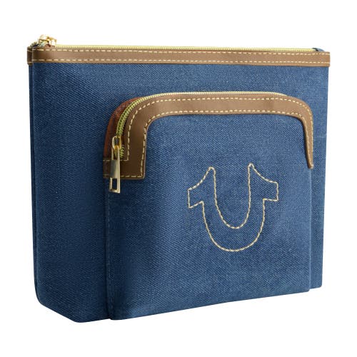 True Religion Trapezoid Zip Cosmetic Bag With Exterior Zip Pocket, Gold Hardware