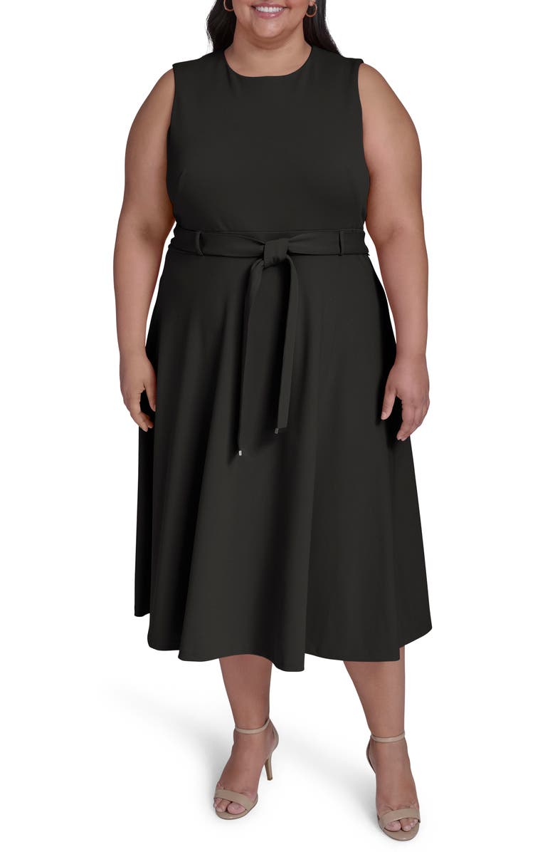 Calvin Klein Tie Scuba Crepe Midi Dress, Main, color, Black