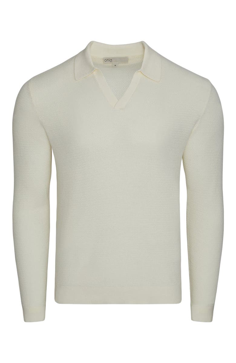 Onia Cotton Textured Long Sleeve Johnny Polo, Alternate, color, Egret