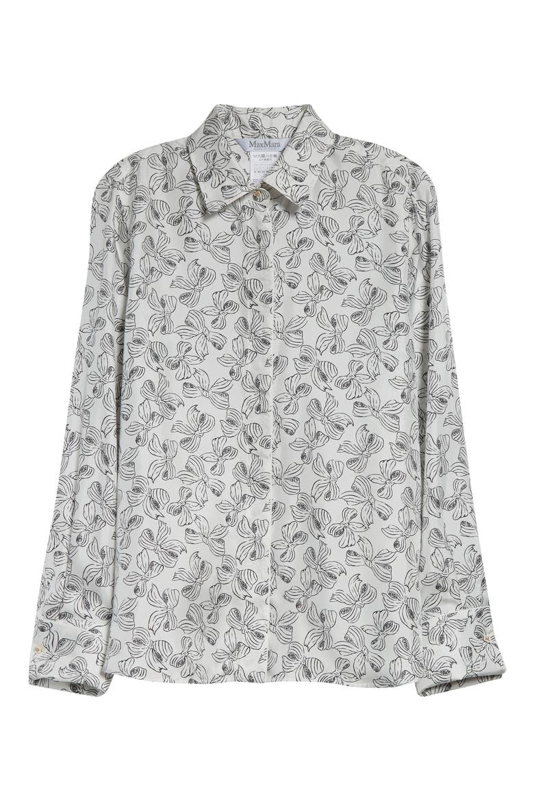 Rodesia Bow Print Silk Twill Button-Up Shirt, Alternate, color, WHITE BLACK