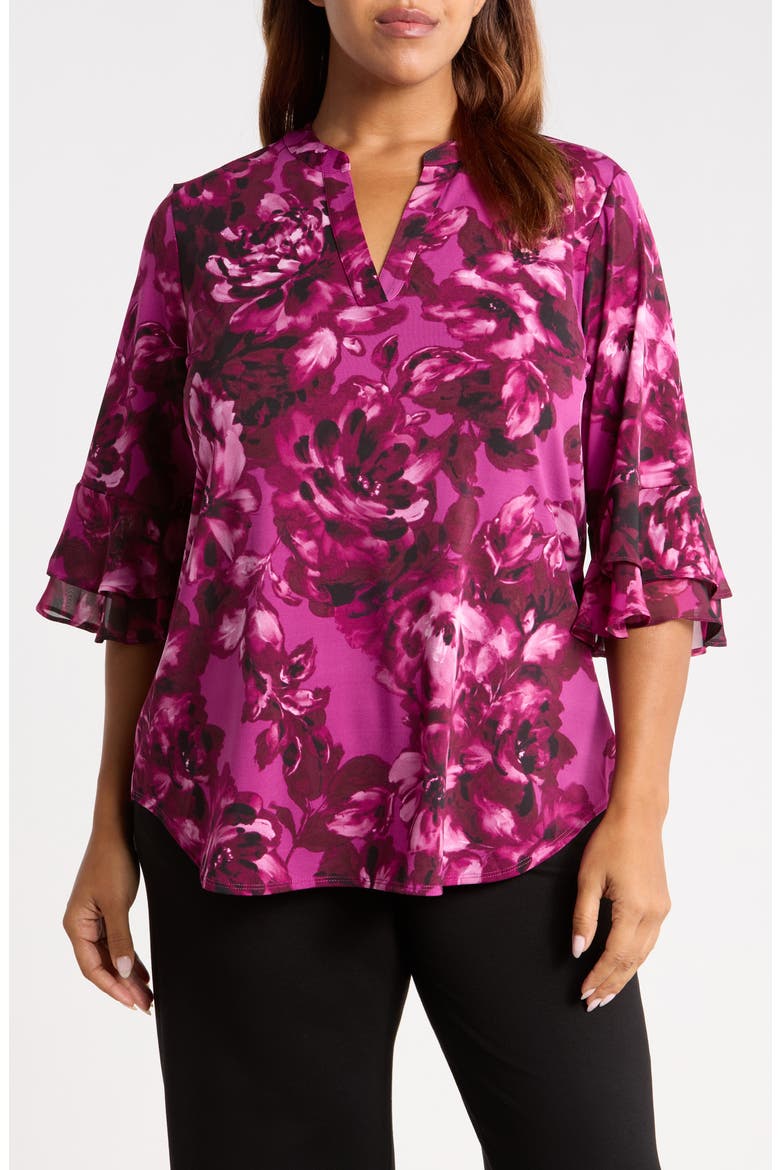 Floral Print Ruffle Sleeve Top, Main, color, CERISE MULTI