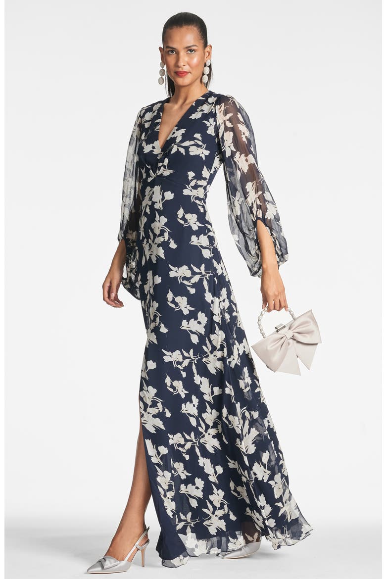 Jenny Floral Balloon Sleeve Gown, Alternate, color, NAVY VENETIA PETAL