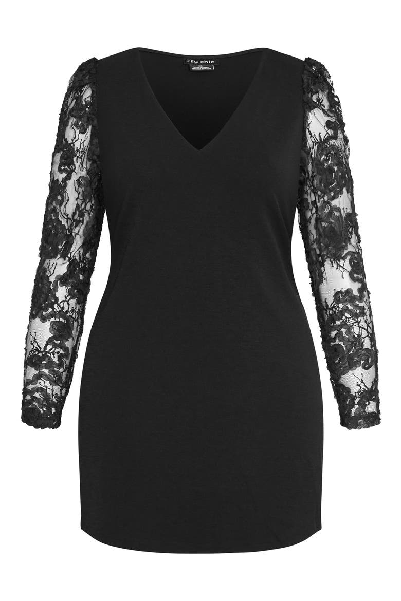 Keyla Sheer Long Sleeve Ponte Shift Minidress, Alternate, color, BLACK
