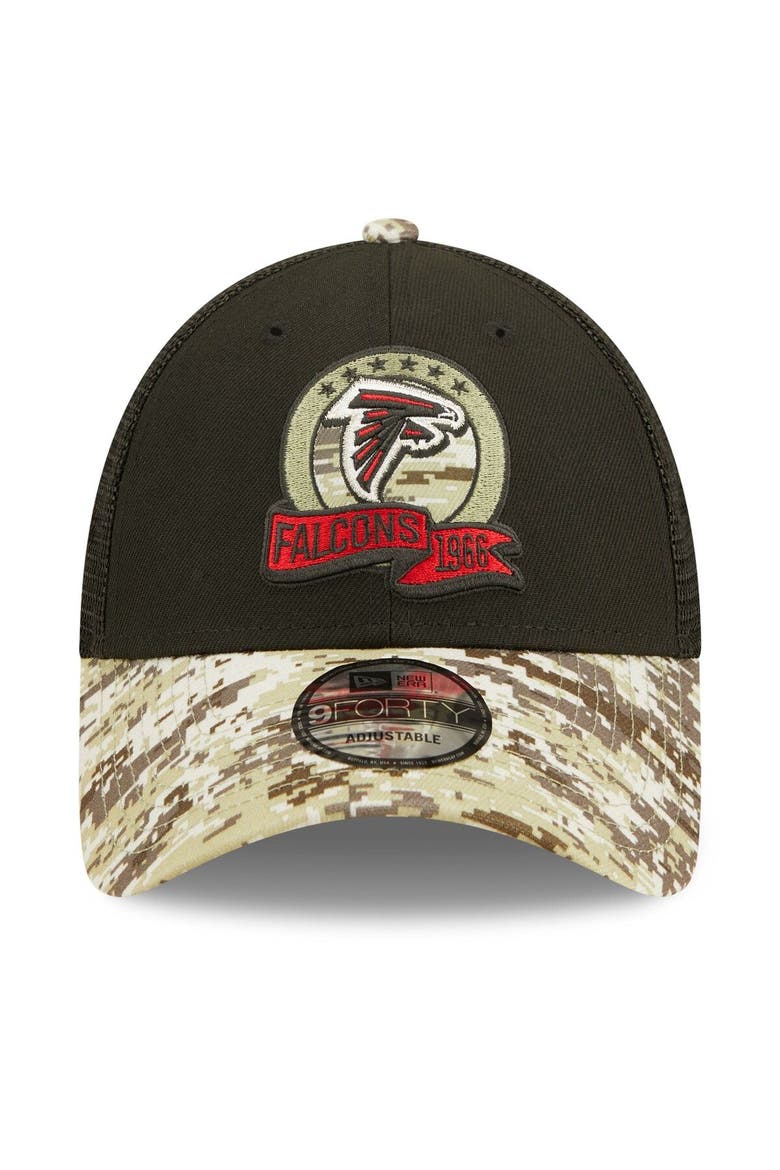 Men's New Era Black/Camo Atlanta Falcons 2022 Salute To Service 9FORTY Snapback Trucker Hat, Alternate, color, Black