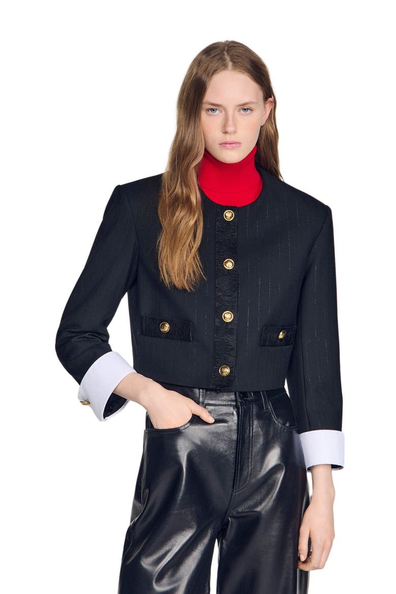 Cropped striped wool jacket, Main, color, Black