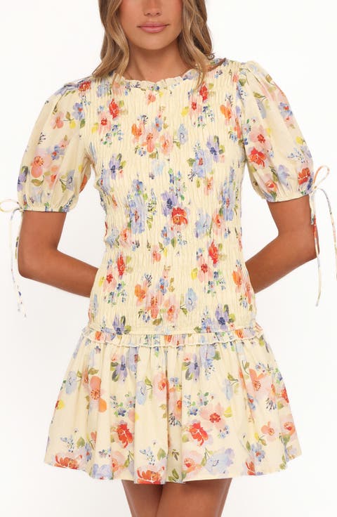 Kaelyn Floral Smocked Bodice Drop Waist Cotton Minidress