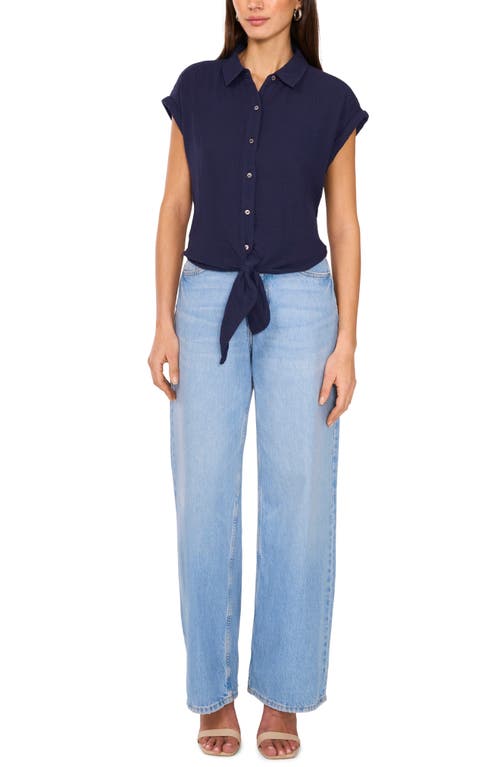 Two By Vince Camuto Tie Hem Cotton Button-up Shirt In Classic Navy