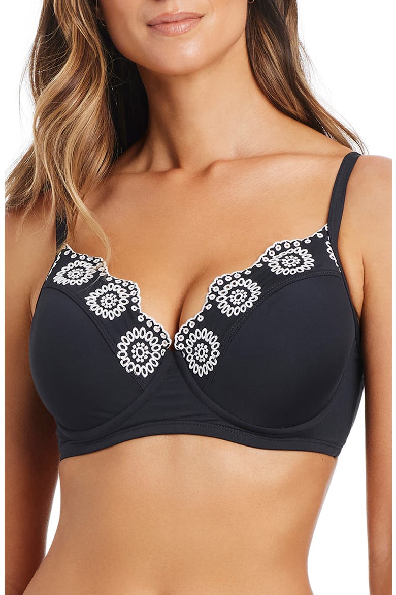 Scalloped Eyelet Underwire Bikini Top, Main, color, BLACK/ WHITE