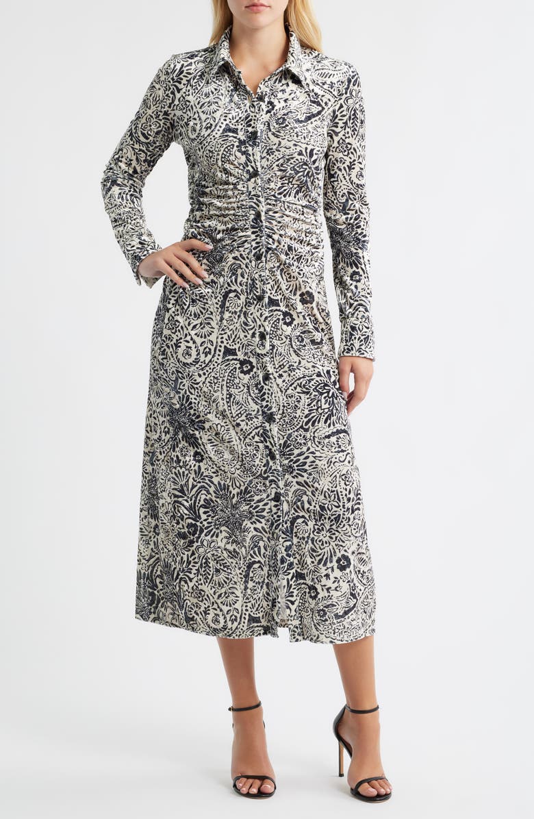 Julia Jordan Print Long Sleeve Velvet Midi Shirtdress, Main, color, Ivory Black